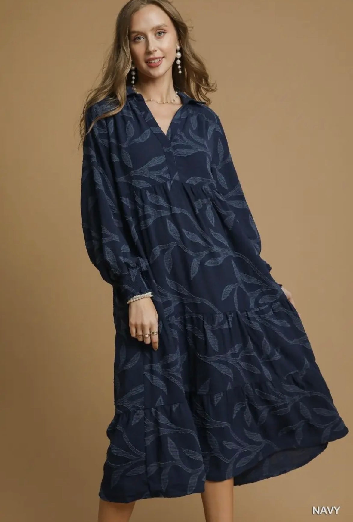 Leaf Pattern Tiered Midi Dress