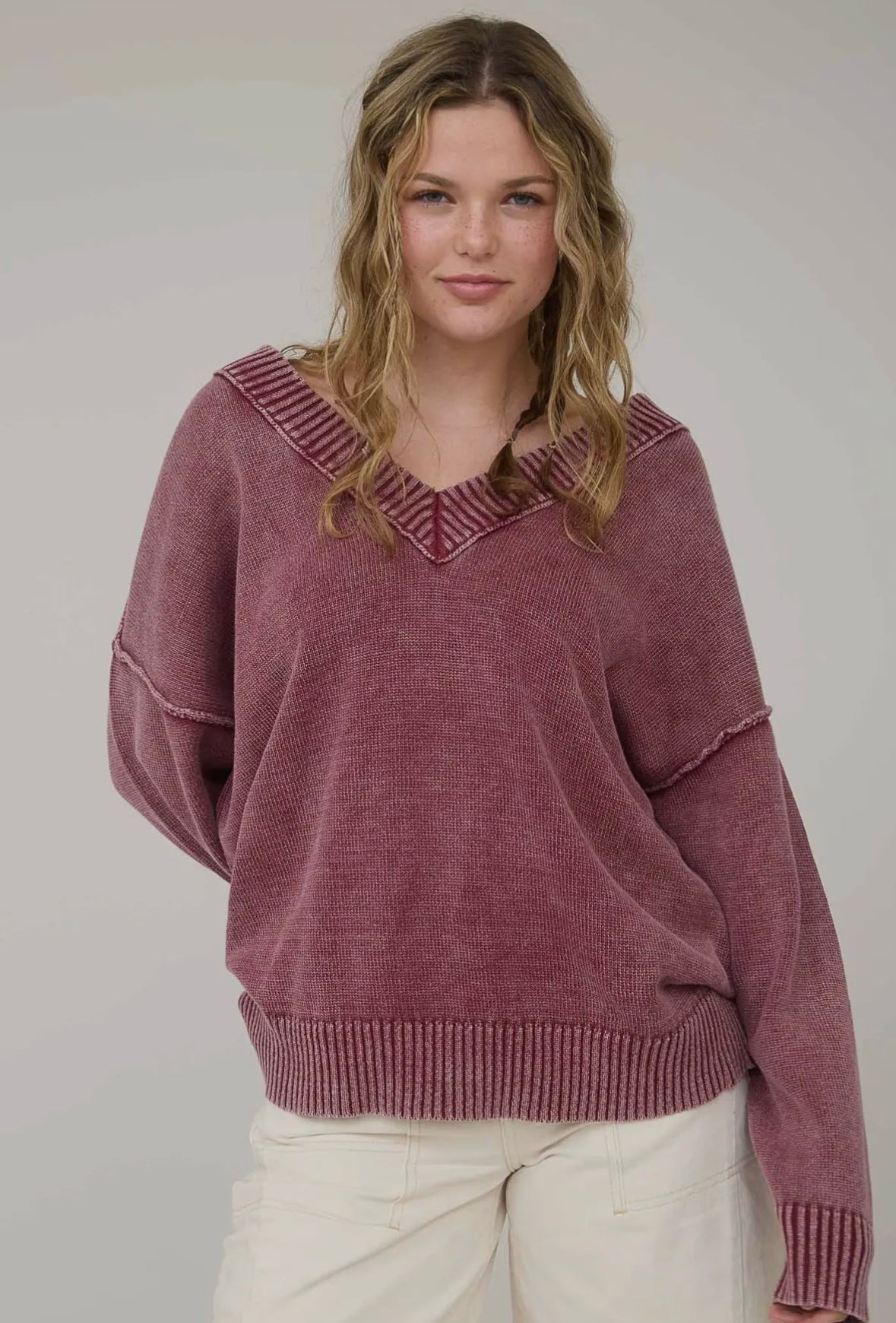Burgundy V Neck Long Sleeve Sweater