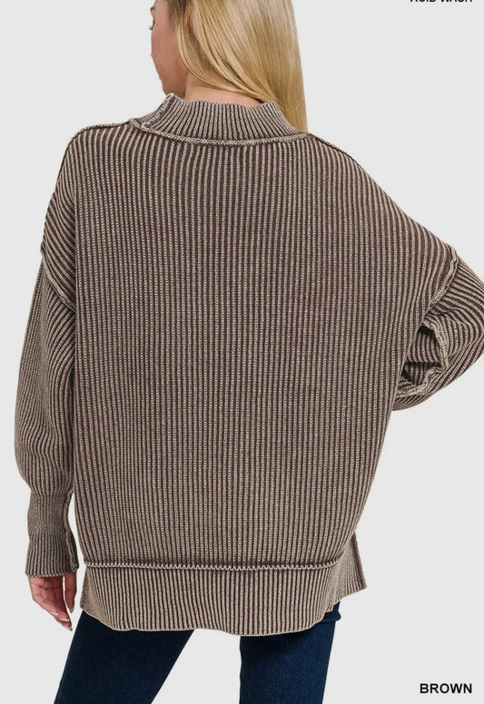 Washed Side Slit Oversized Sweater Brown