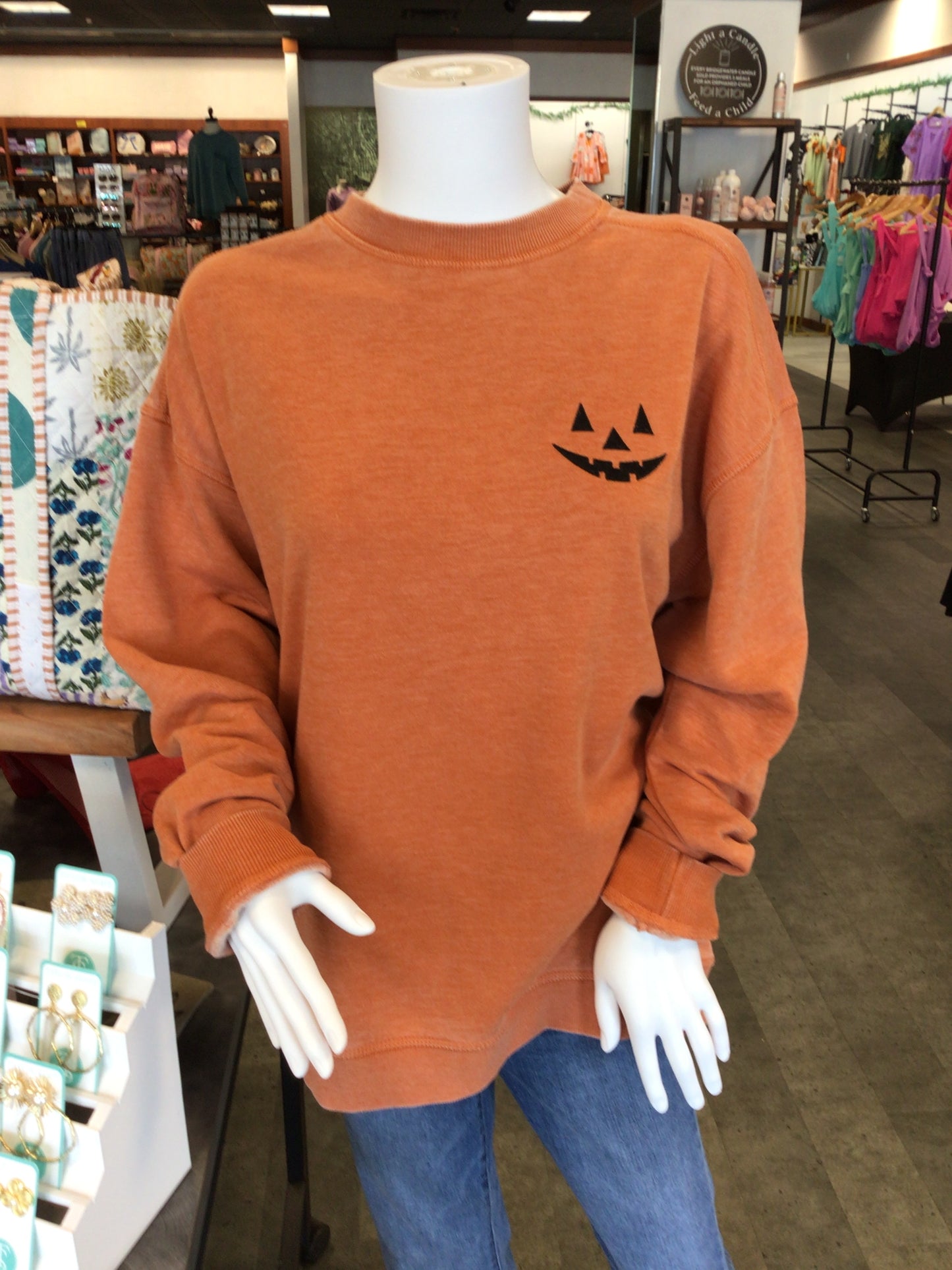 Pumpkin Smiley Embroidered Chic-A-D Crew