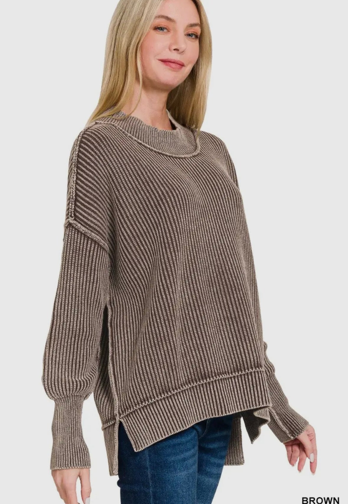 Washed Side Slit Oversized Sweater Brown