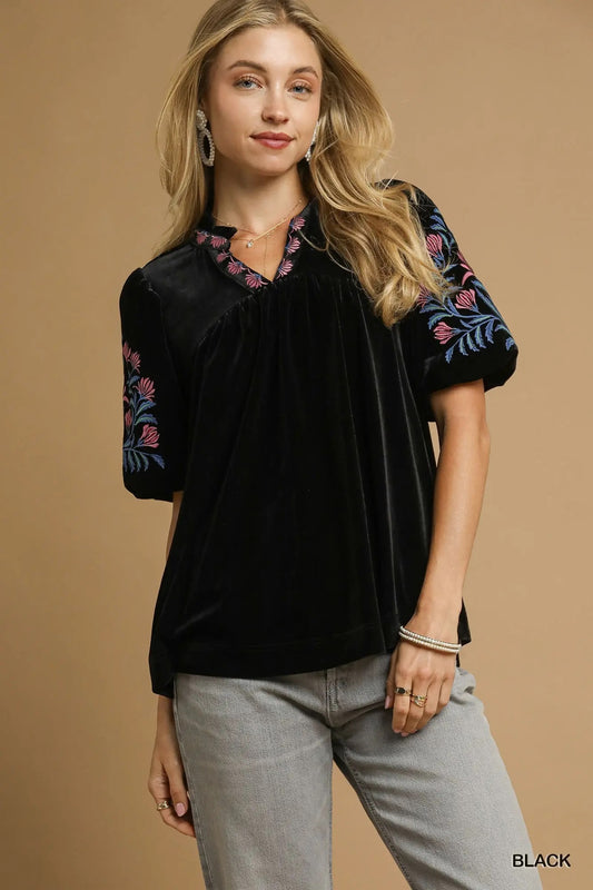 Black Embroidered Sleeve Top