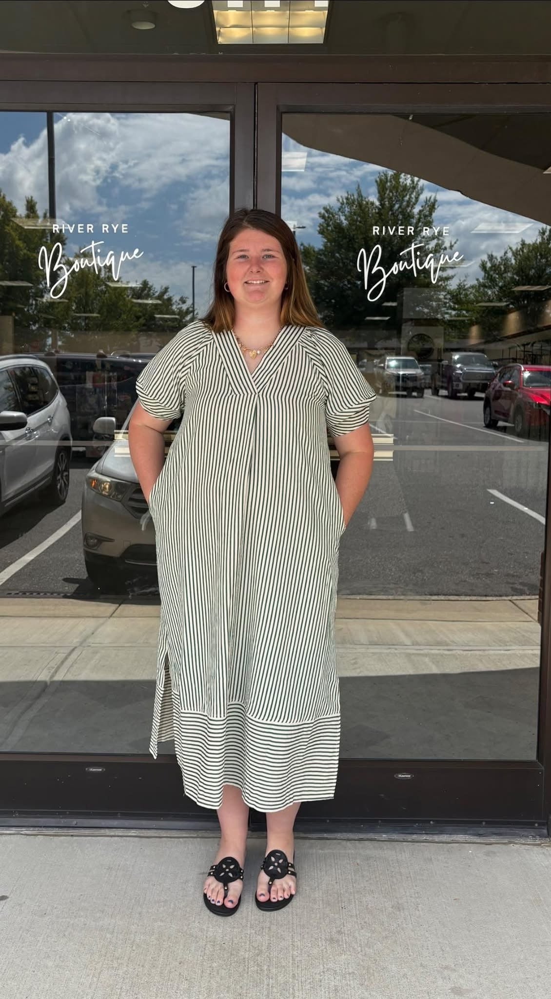 Green Striped VNeck Midi