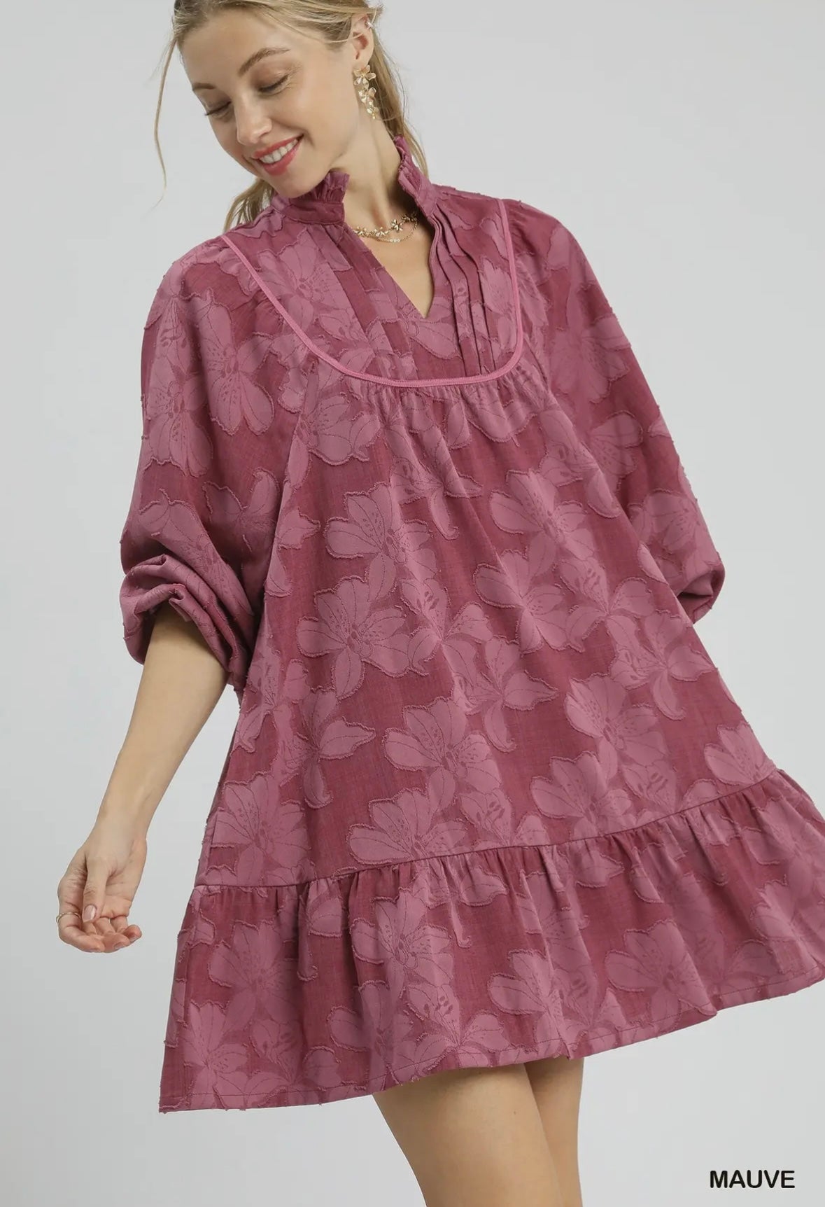 Jacquard Mock Neck Babydoll Dress Mauve