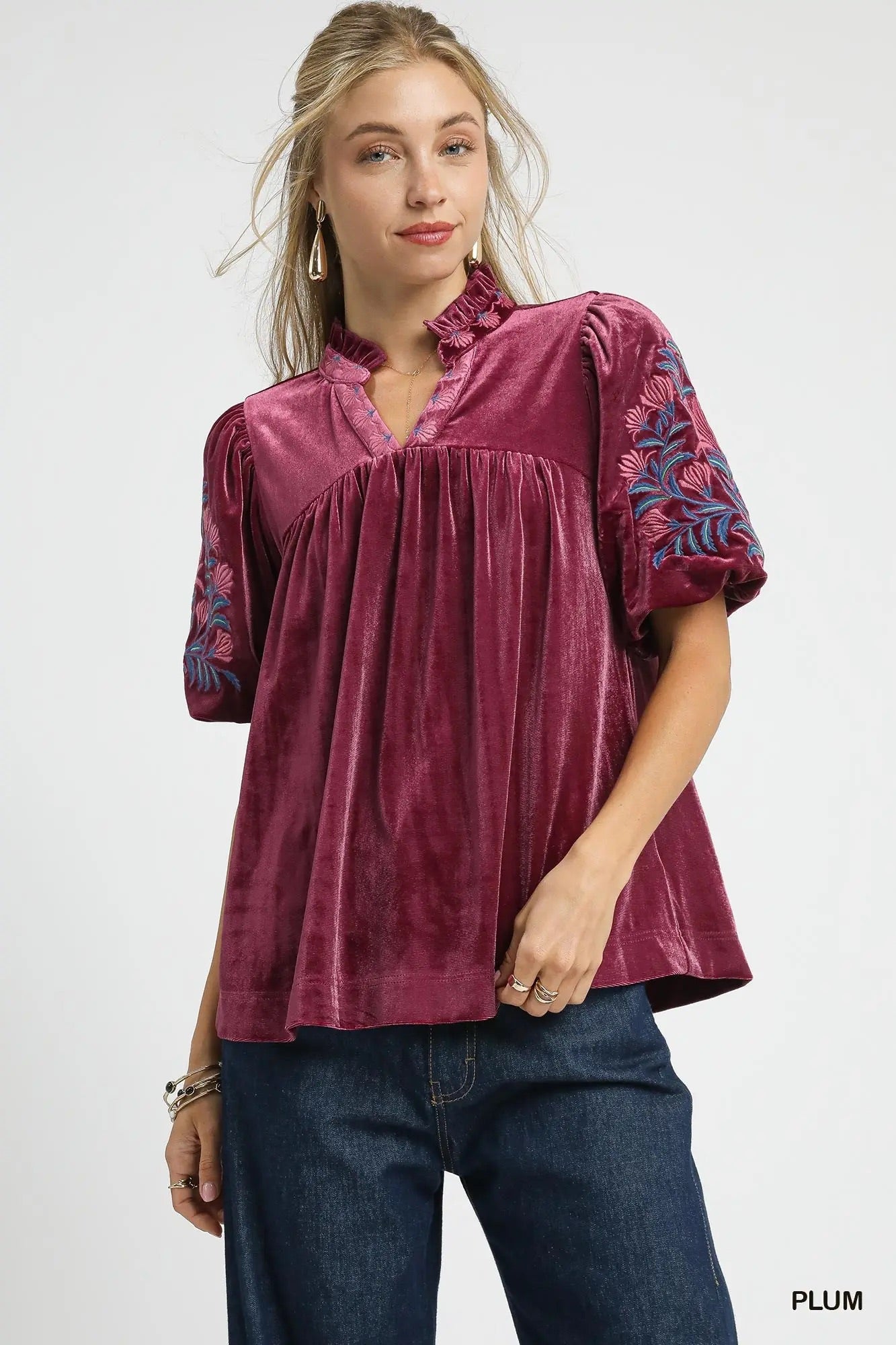 Plum Embroidered Sleeve Top