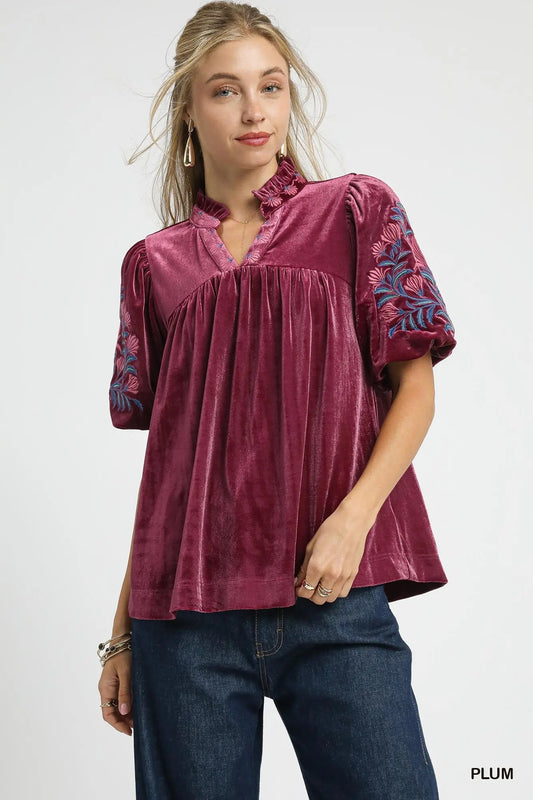Plum Embroidered Sleeve Top