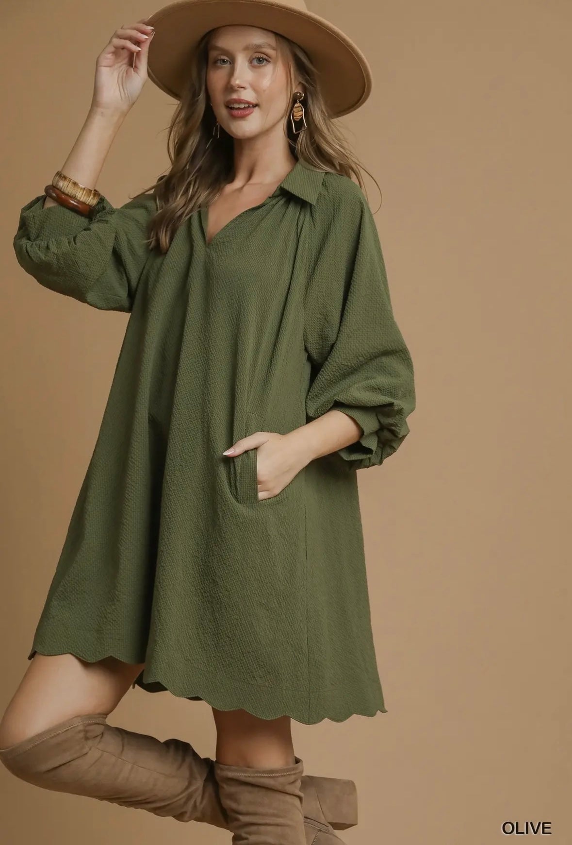 Split V-Neck Olive Dress