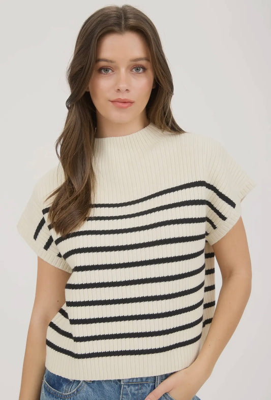 Ivory Stripe Mock Neck Knit Sweater