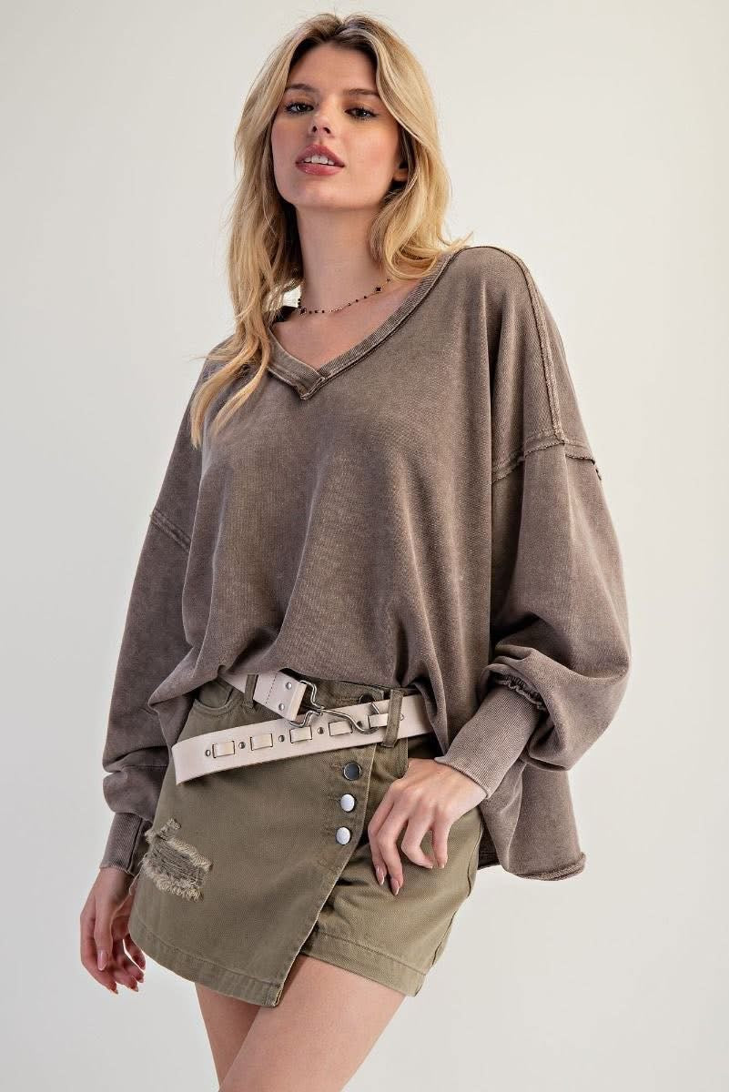 Mocha V-Neck Easel Long-sleeve Top