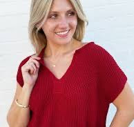 Split Neck Short Sleeve Knit Pullover