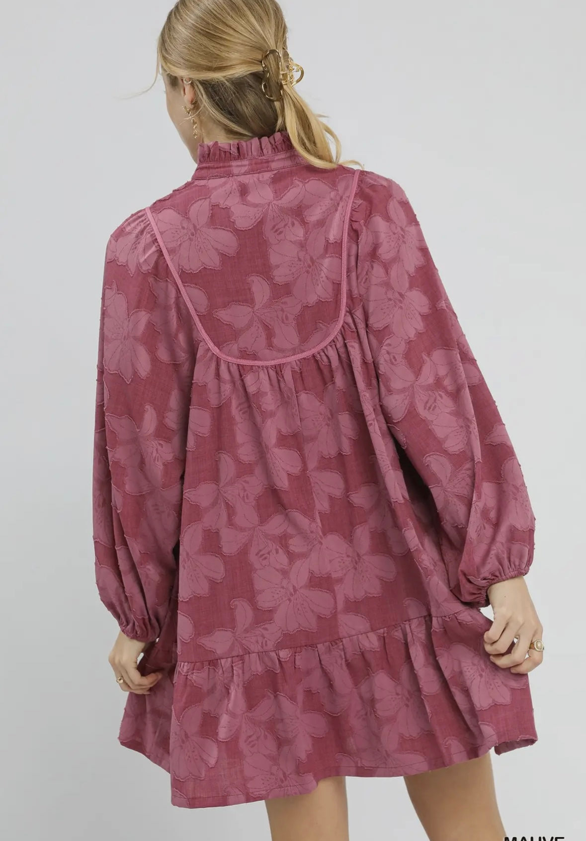 Jacquard Mock Neck Babydoll Dress Mauve